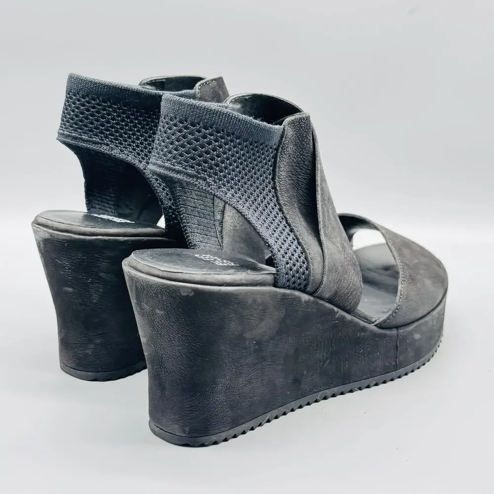 Eileen Fisher Sandals Women 8.5 Black Nubuck Strappy Wedge Platform Knit Ankle
